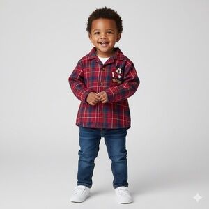 Disney Mickey Mouse Boys Red and Blue Button Down Plaid Flannel Shirt Size 2T